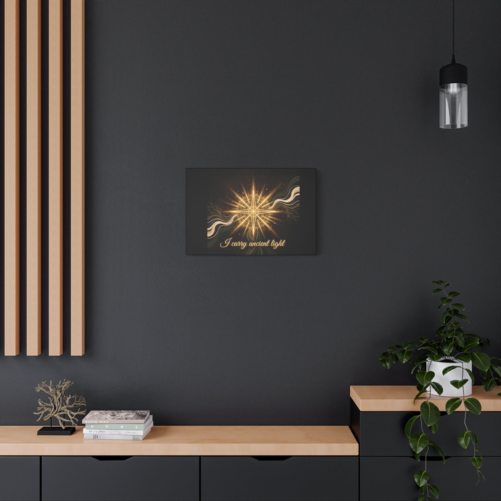 Matte canvas wall art titled "I Carry Ancient Light" featuring a golden compass design for wall decor.