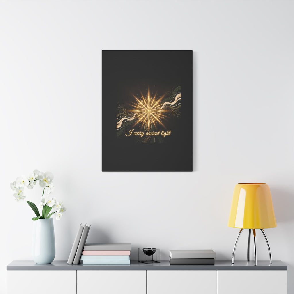 Matte canvas wall art titled "I Carry Ancient Light" featuring a golden compass design, by Printify for elegant home decor.