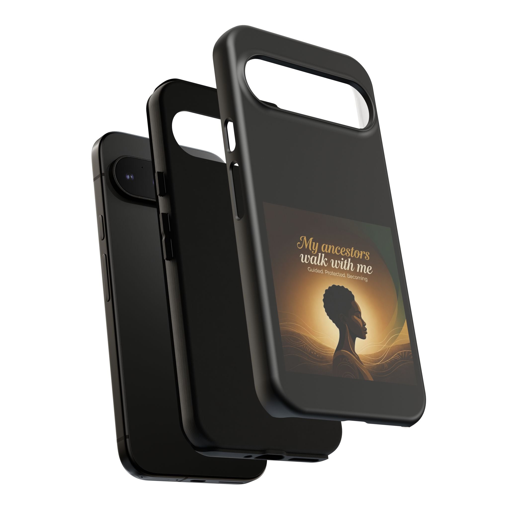 Black heritage phone case with inspirational quote design, protective cover for smartphones by Printify.