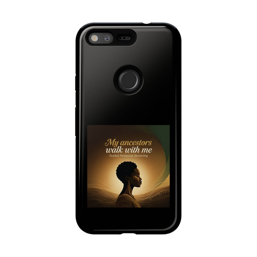 Black heritage phone case with inspirational message and protective design, suitable for smartphones.