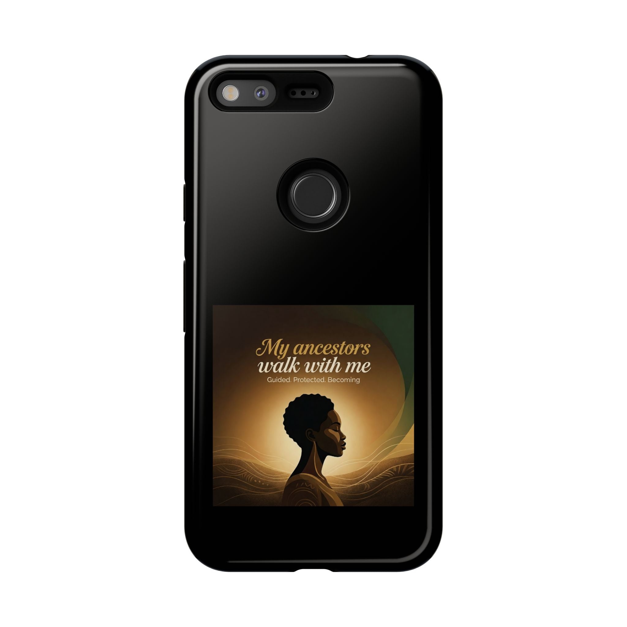 Black heritage phone case with inspirational message and protective design, suitable for smartphones.