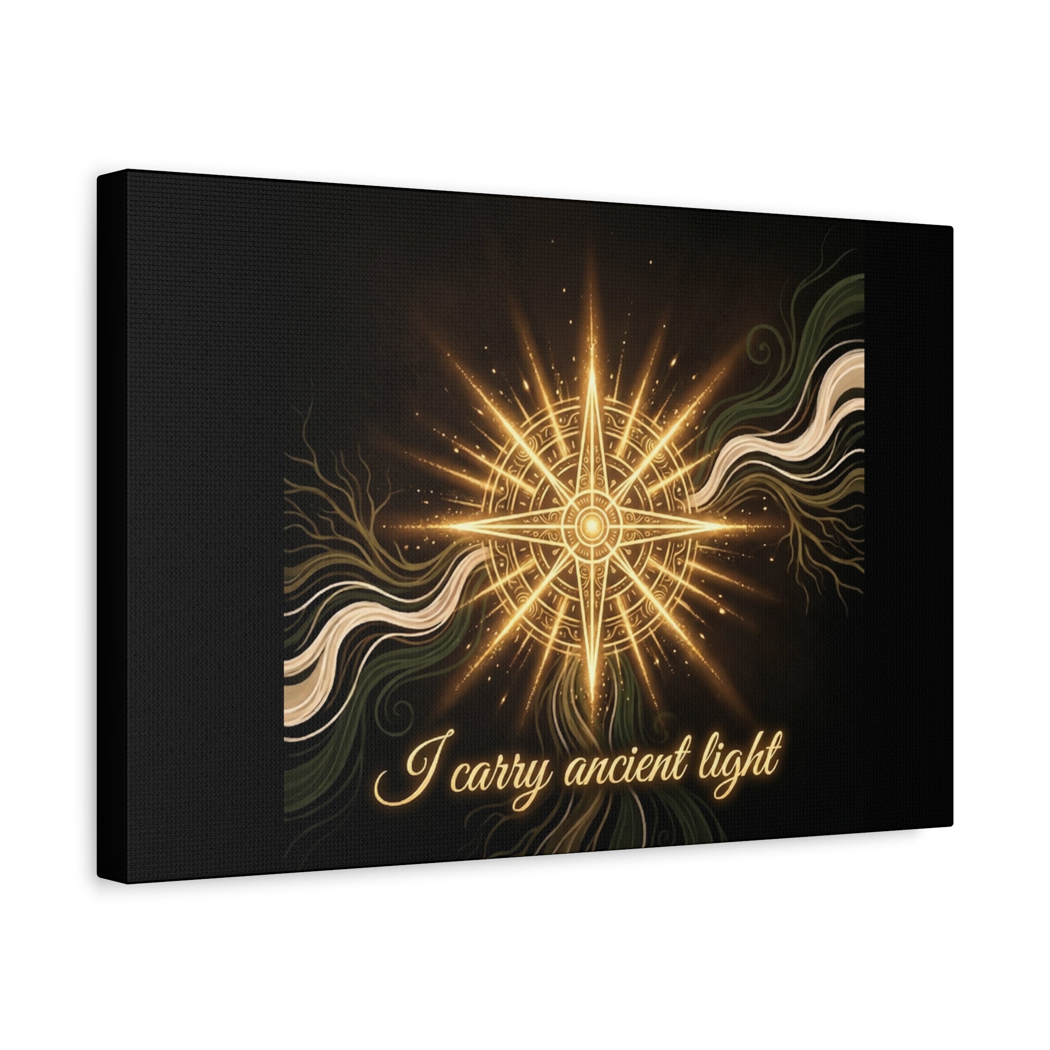 Matte canvas wall art titled "I Carry Ancient Light" featuring a golden compass design, suitable for modern home decor.