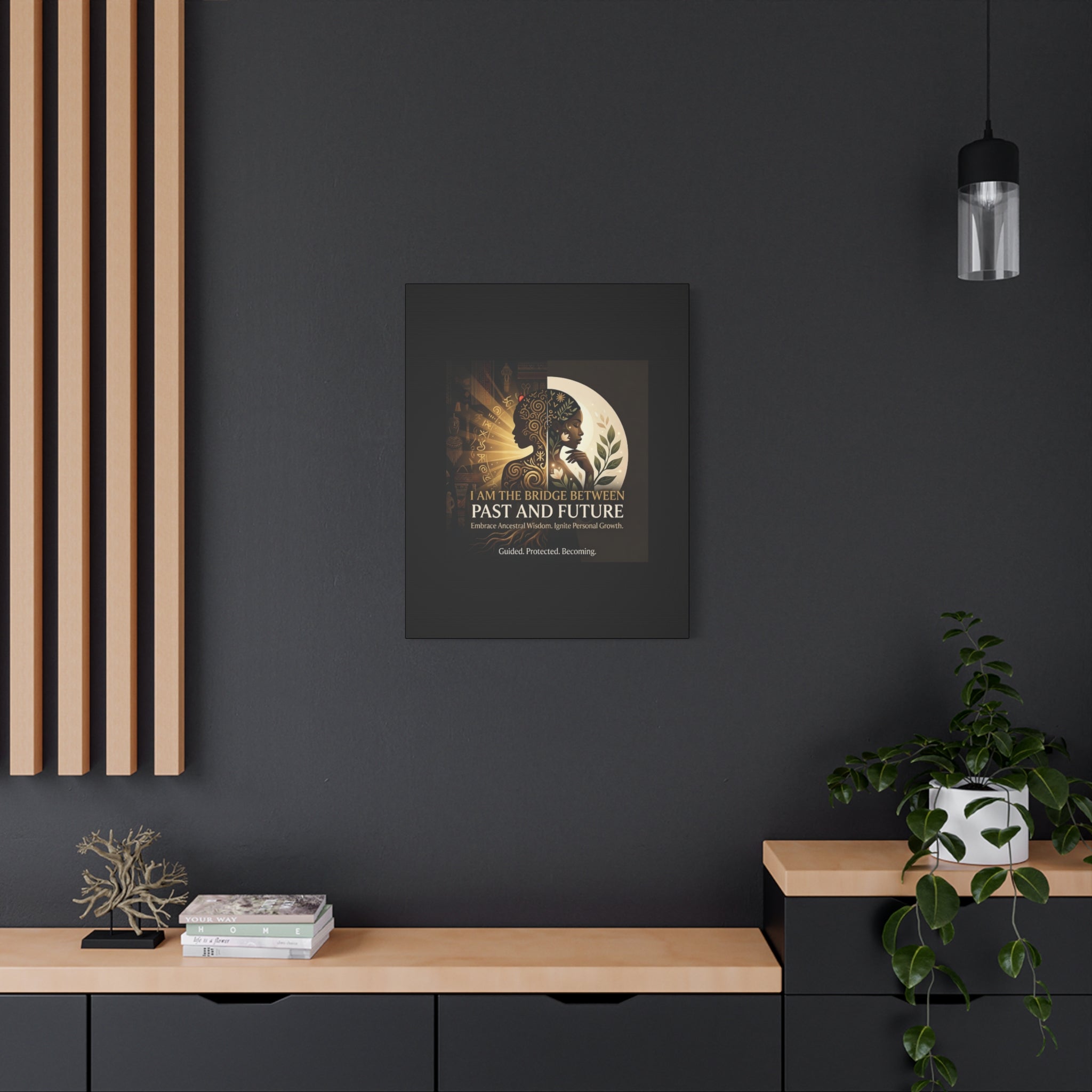 Canvas wall art titled "I Am the Bridge Between Past and Future" by Printify, featuring abstract design and vibrant colors.