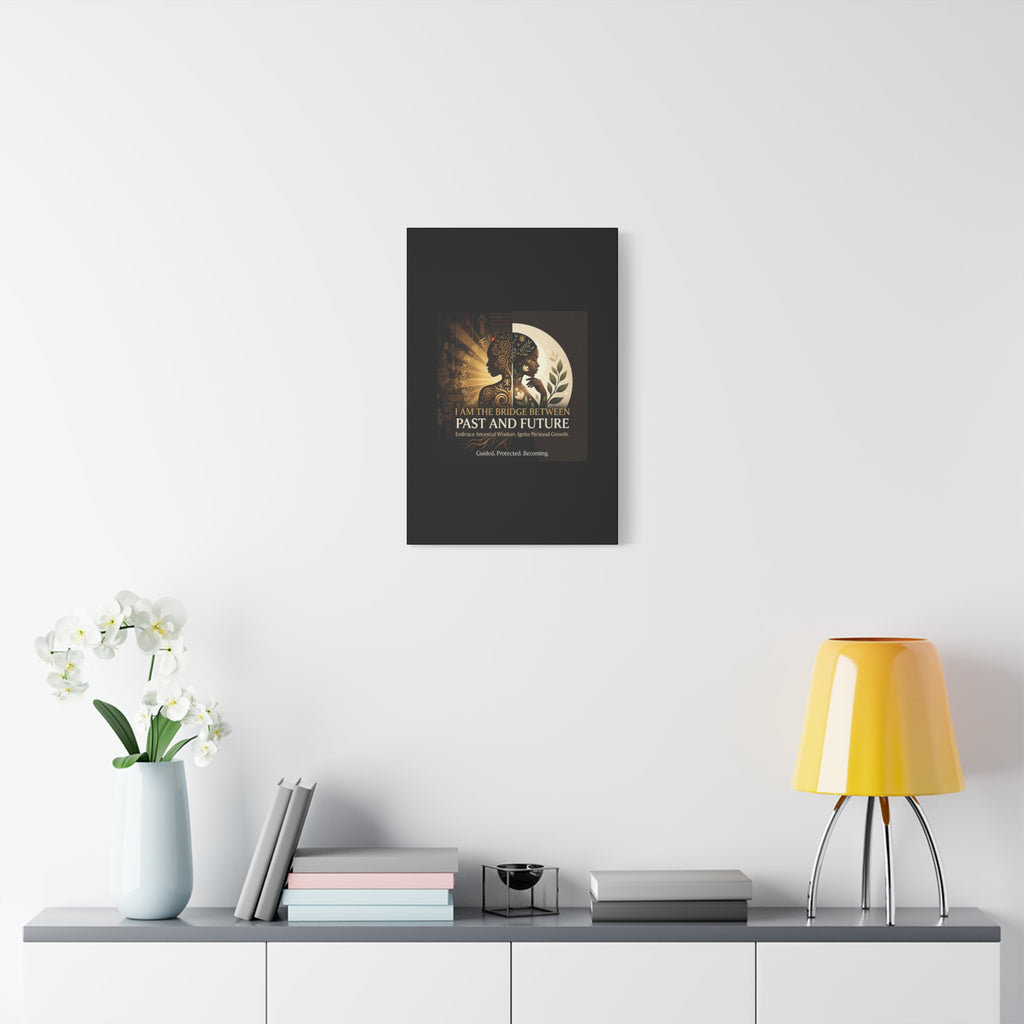 Canvas wall art titled "I Am the Bridge Between Past and Future" by Printify, featuring abstract imagery and vibrant colors.