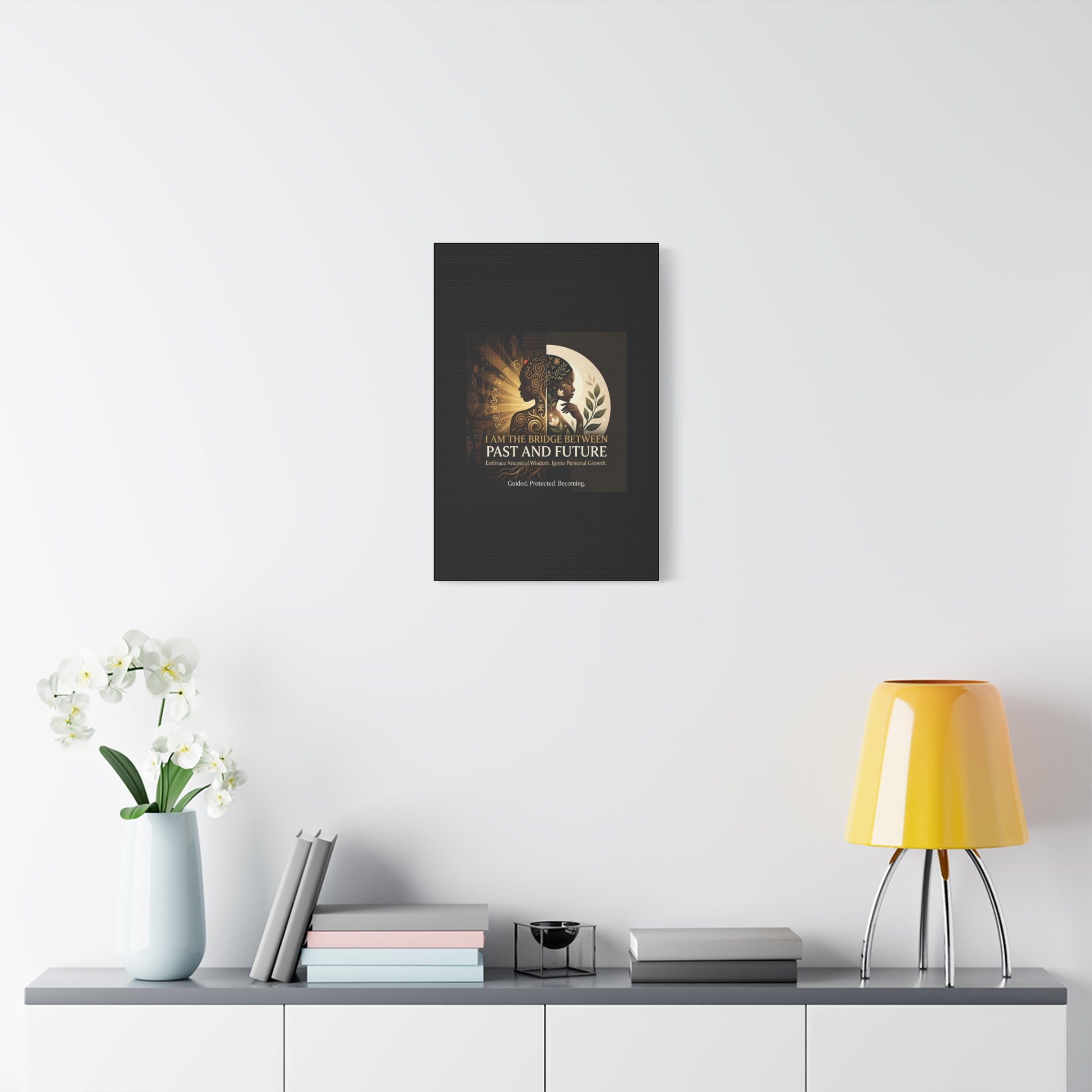 Canvas wall art titled "I Am the Bridge Between Past and Future" by Printify, featuring abstract imagery and vibrant colors.