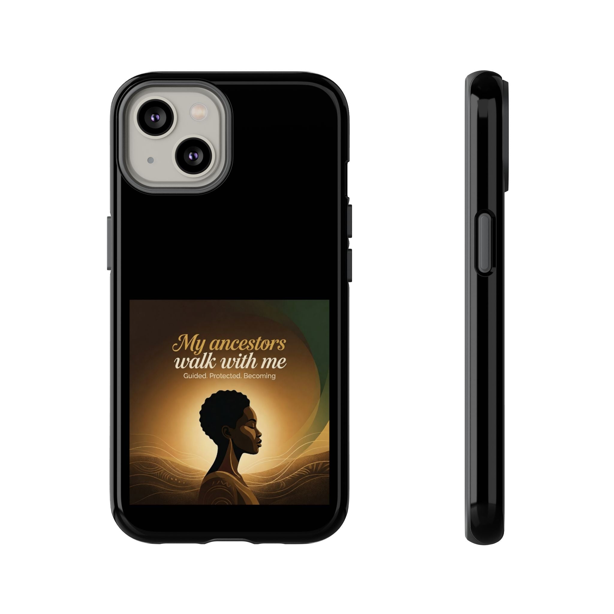 Black heritage phone case with inspirational quote design, protective cover for smartphones, featuring cultural and ancestral motifs.