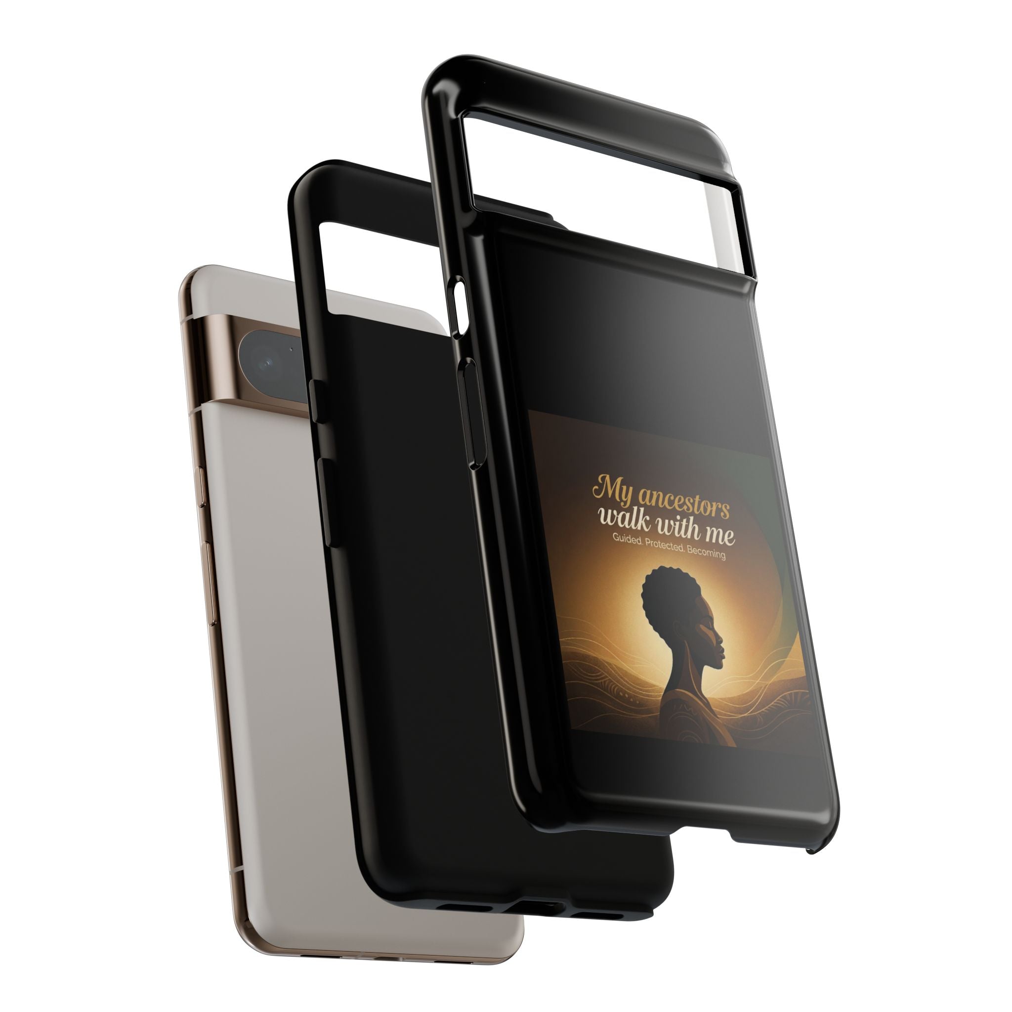 Black heritage-themed phone case with inspirational design, protective cover for smartphones, featuring meaningful artwork.