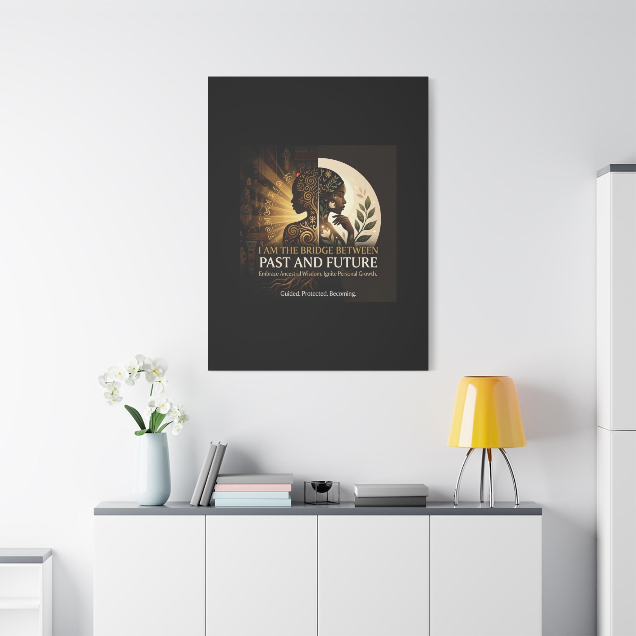 Canvas wall art titled "I Am the Bridge Between Past and Future" by Printify, featuring abstract design and vibrant colors.