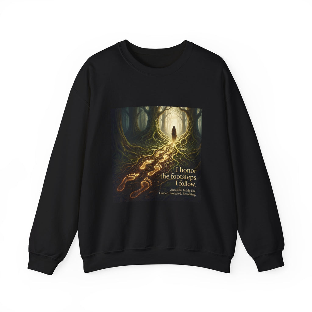 Forest Path Sweatshirt by Printify featuring an inspirational quote, with a cozy crewneck design and forest-themed graphic.