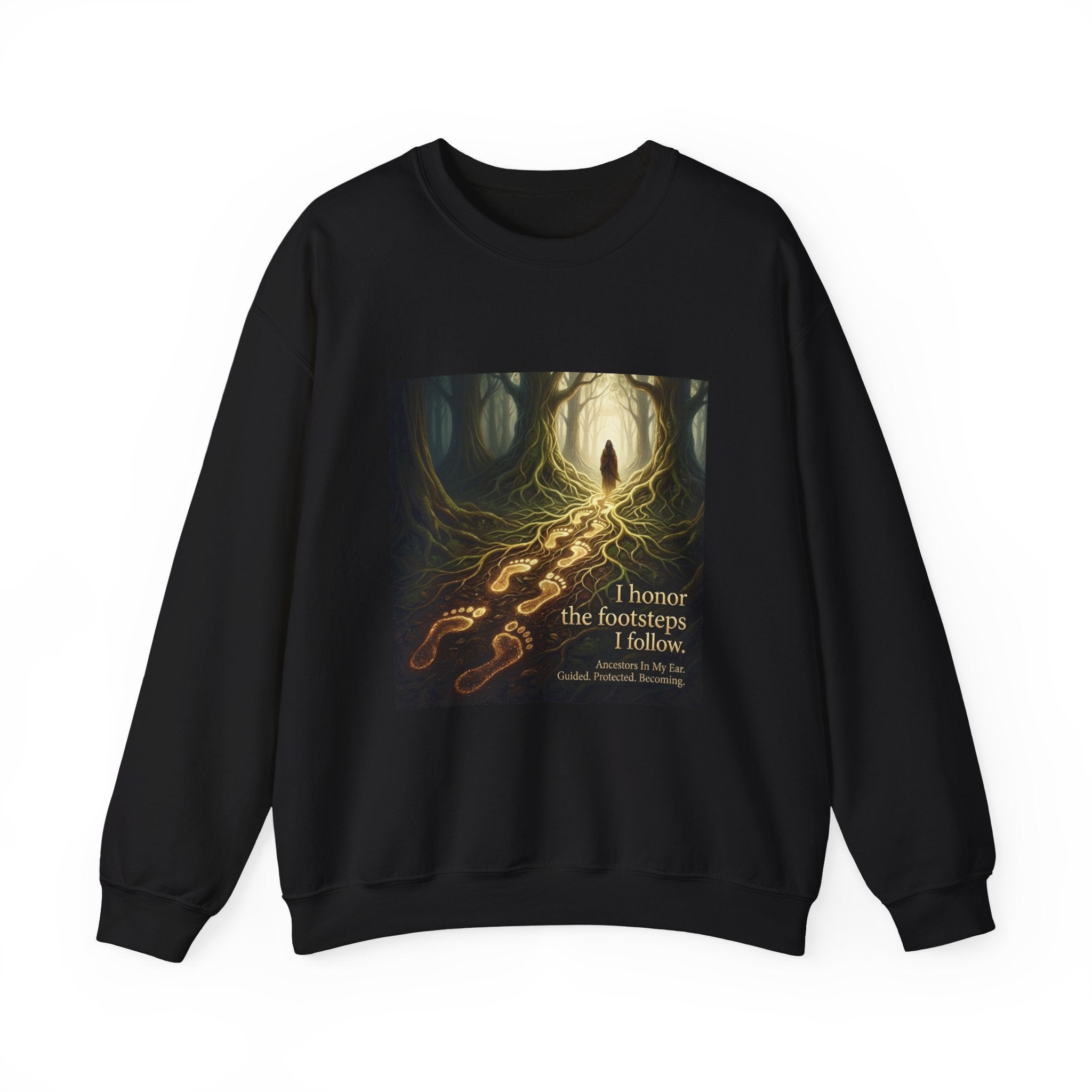 Forest Path Sweatshirt by Printify featuring an inspirational quote, with a cozy crewneck design and forest-themed graphic.