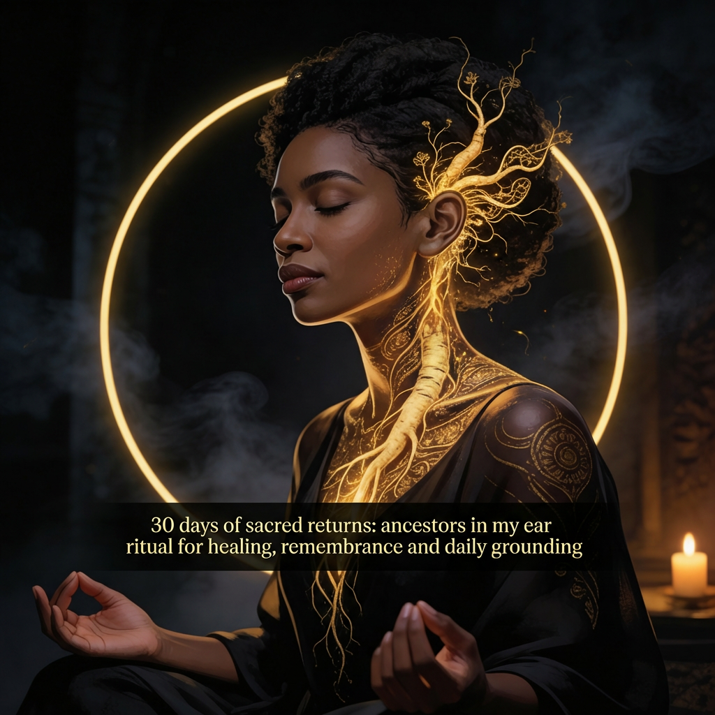 A 30-day affirmation ritual journal titled "30 Days of Sacred Return" by Ancestors In My Ear, with spiritual and sacred-themed cover art.