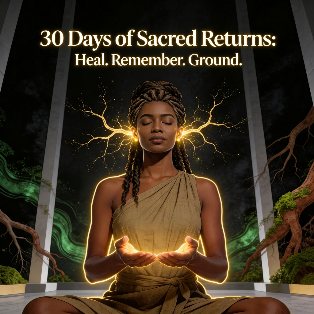 A 30-day affirmation ritual journal titled "30 Days of Sacred Return" by Ancestors In My Ear, featuring a serene cover design.