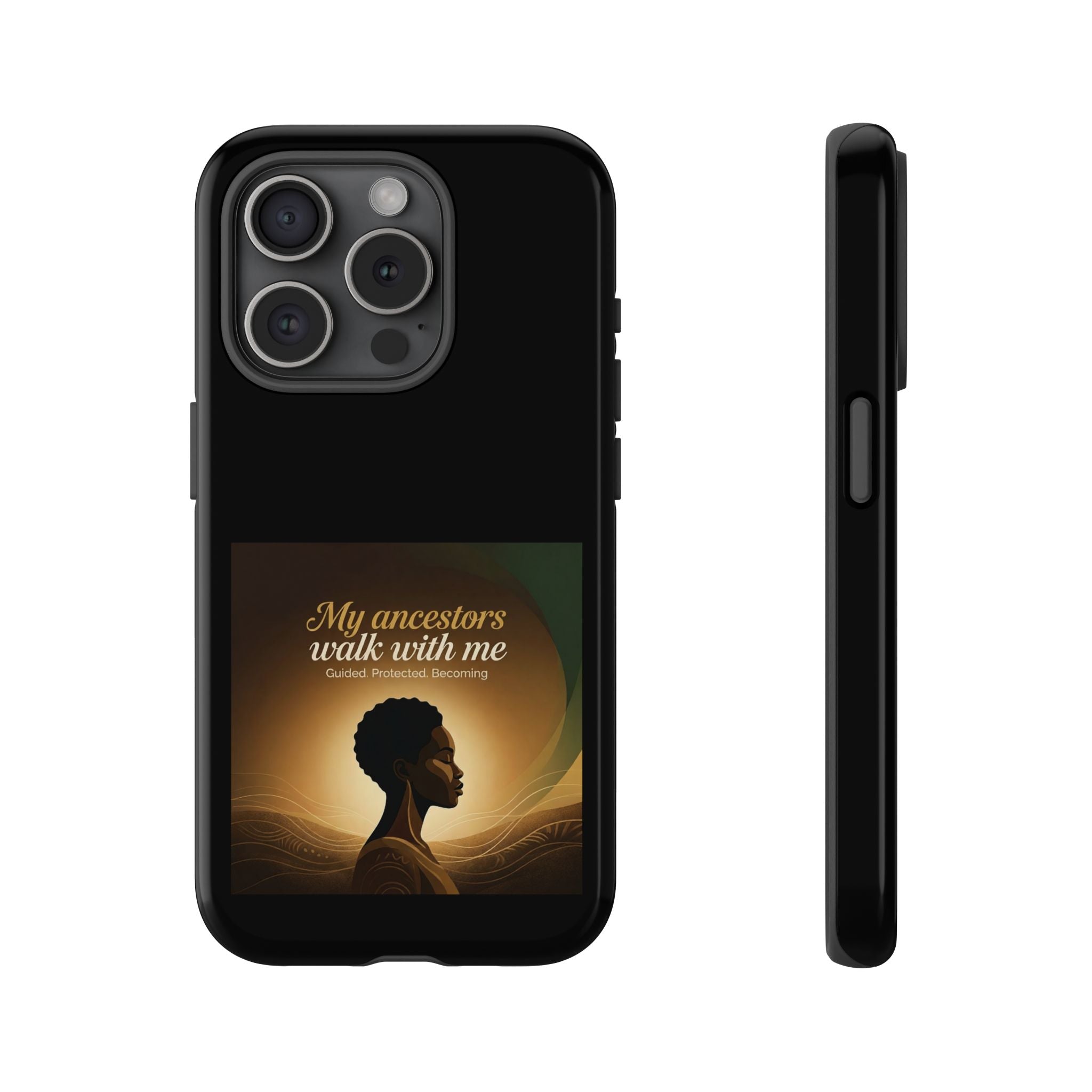 Black phone case with inspirational text and heritage design, protective cover for smartphones by Printify featuring cultural artwork.