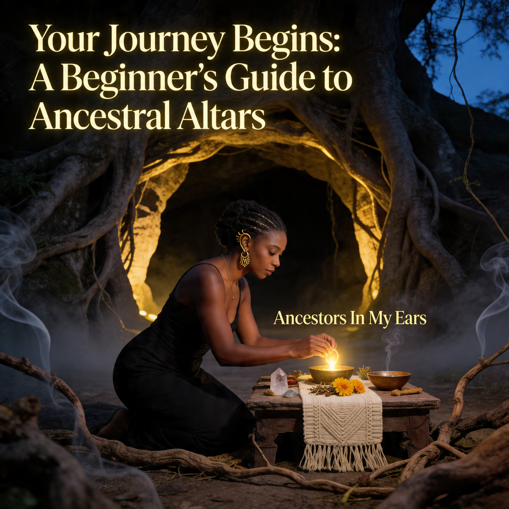 Printable Beginner Ancestral Altar Guide PDF by Ancestors In My Ear showing step-by-step instructions and spiritual symbols.