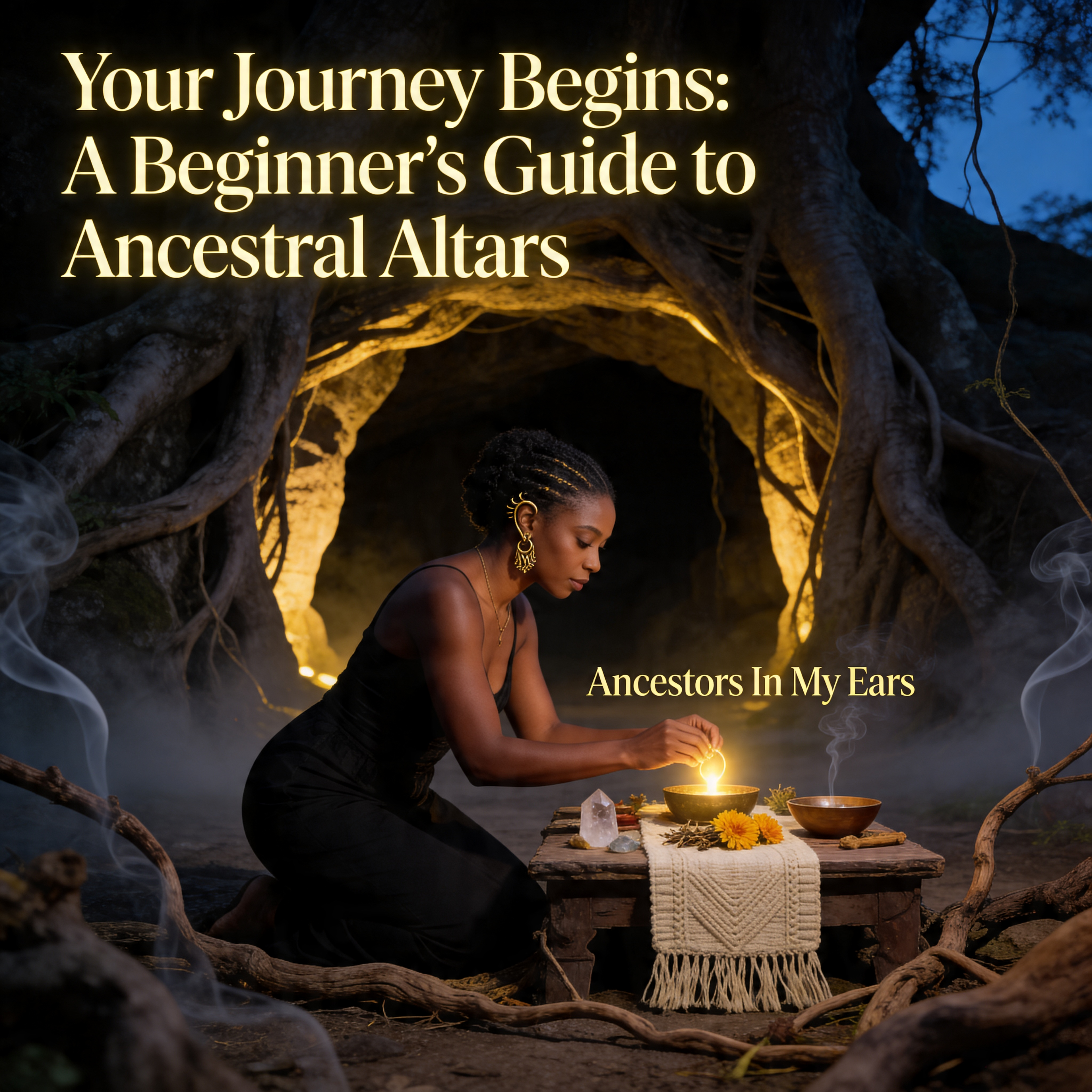 Printable Beginner Ancestral Altar Guide PDF by Ancestors In My Ear showing step-by-step instructions and spiritual symbols.