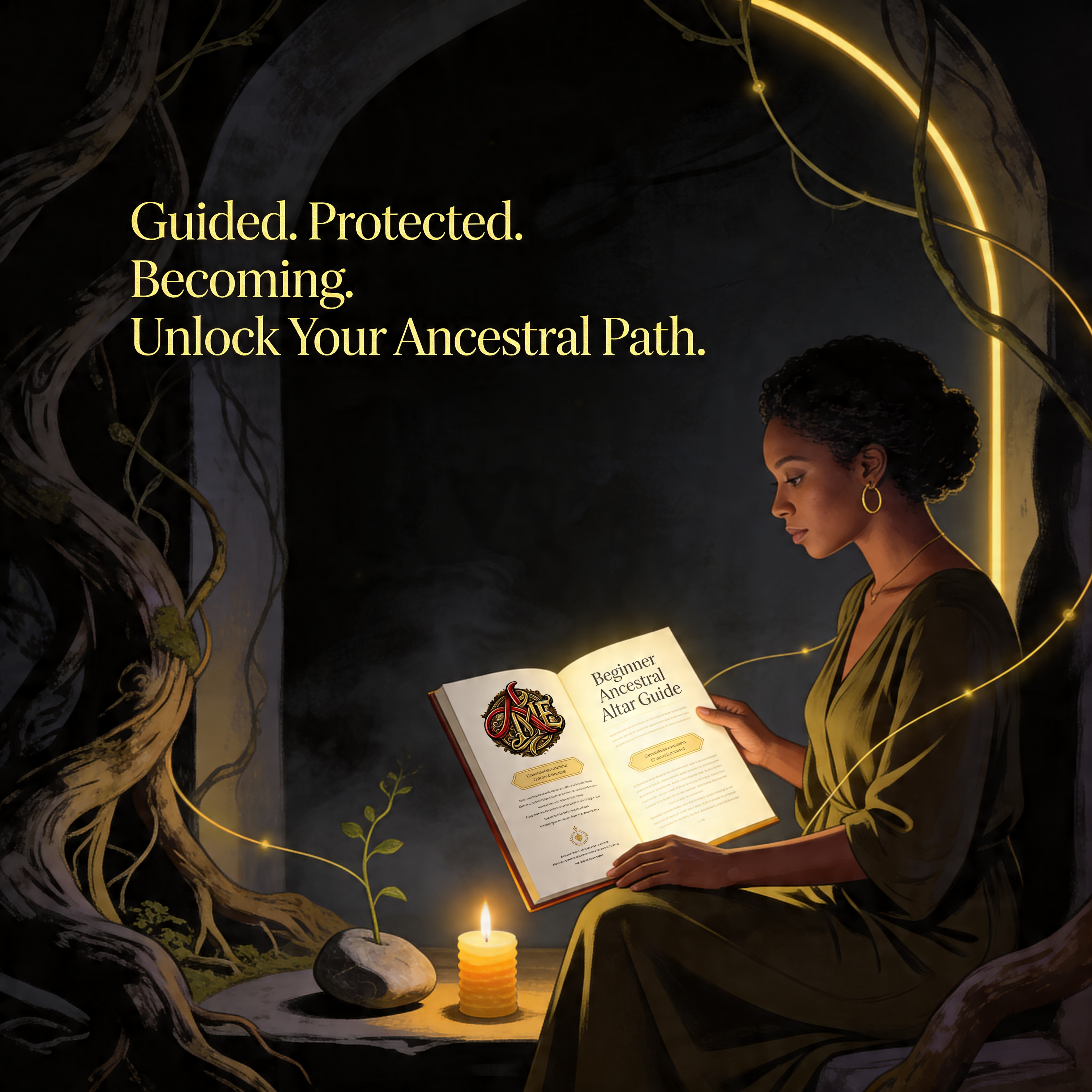 Printable spiritual PDF guide for beginner ancestral altar setup by Ancestors In My Ear, showing a tranquil altar with candles and offerings.