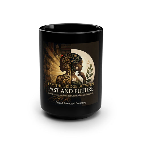 Black ceramic affirmation mug featuring "I Am the Bridge Between Past and Future" design by Printify, 15oz size.