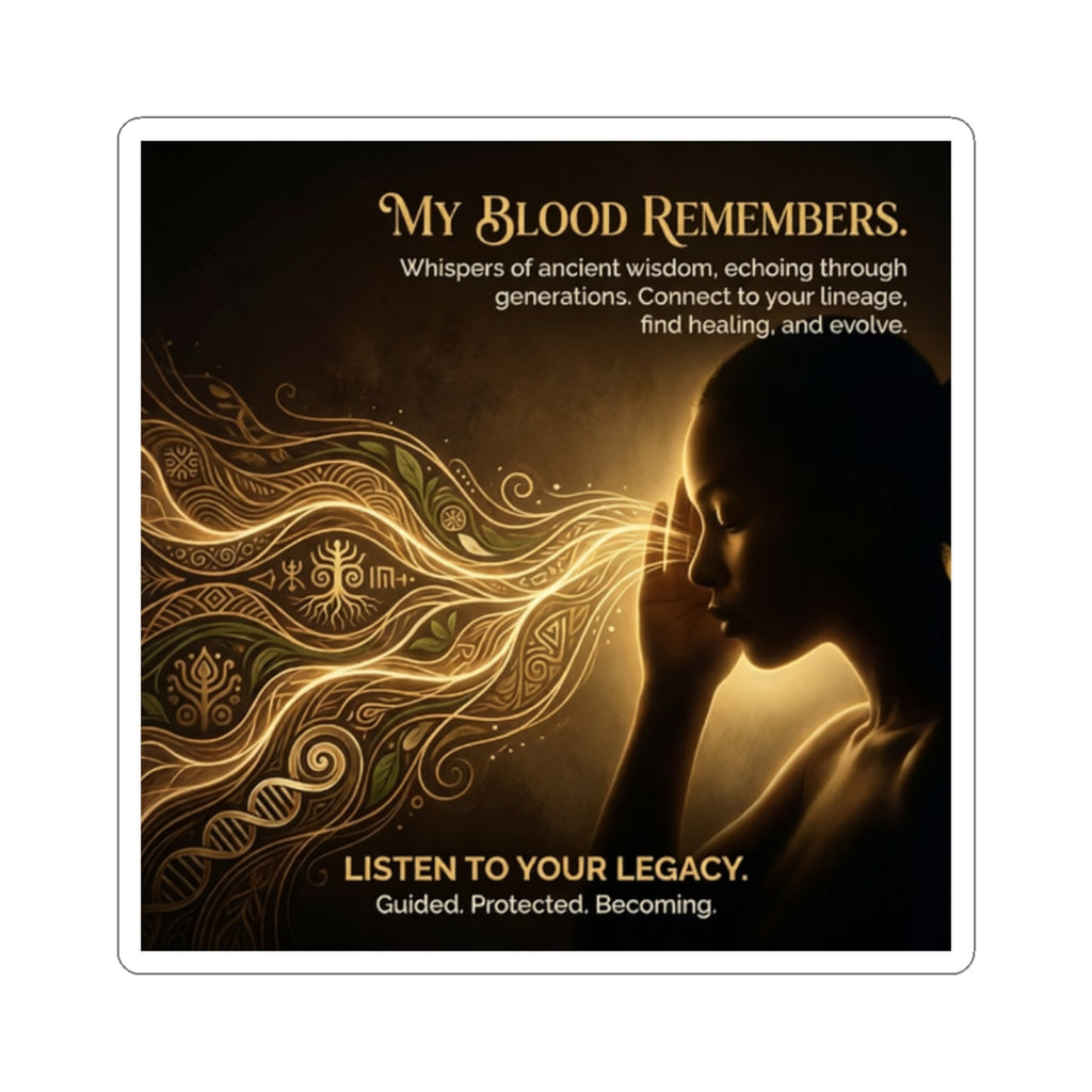 Kiss-cut sticker featuring "My Blood Remembers" ancestral wisdom illustration on a white background by Printify.
