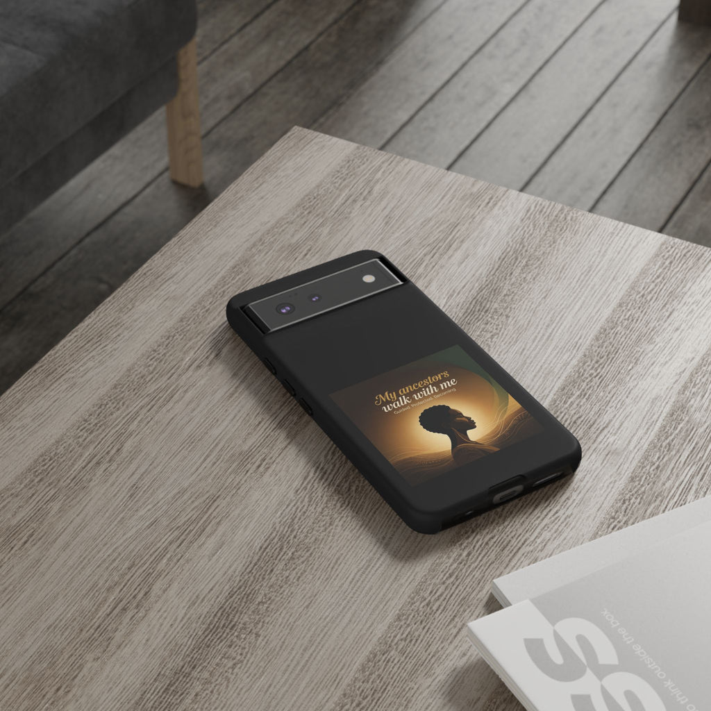 Black protective phone case with inspirational design honoring heritage and ancestors, designed for smartphones.
