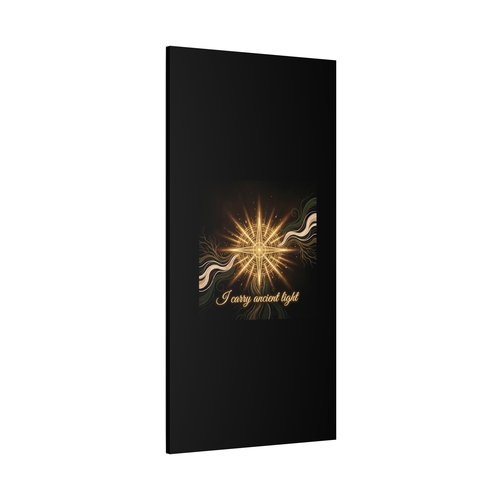 Matte canvas art featuring a golden compass design titled "I Carry Ancient Light" wall decor by Printify.