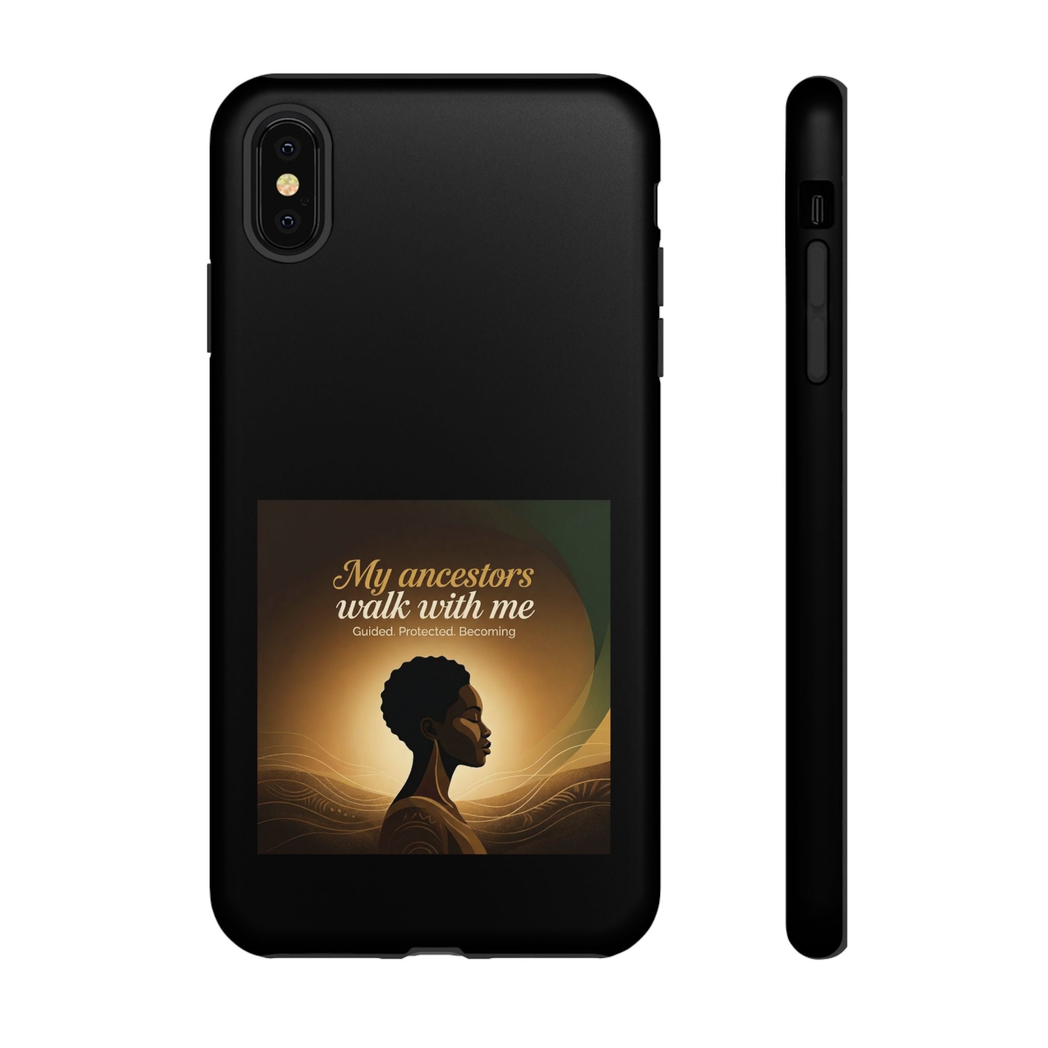 Black phone case with inspirational text and heritage design, protective cover for smartphones by Printify.