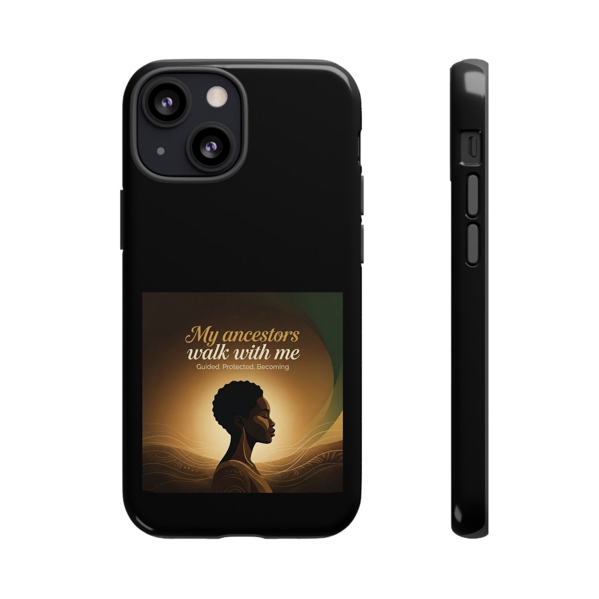 Black phone case with inspirational message and heritage design, protective cover for smartphones by Printify.