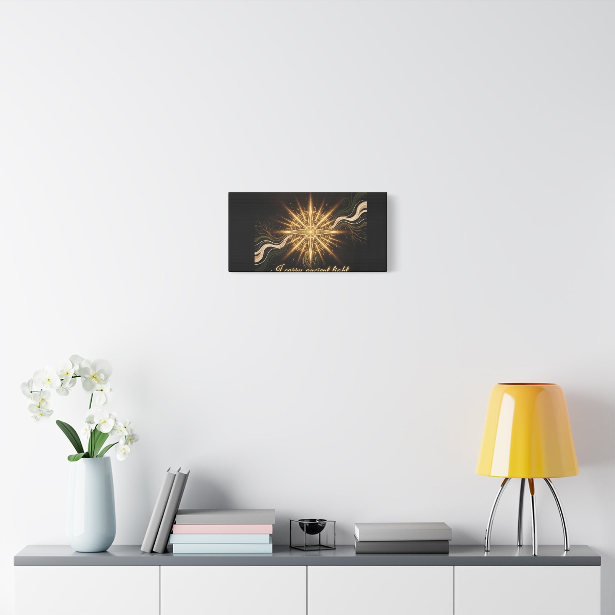 Matte canvas art print titled "I Carry Ancient Light" featuring a golden compass design, wall decor by Printify