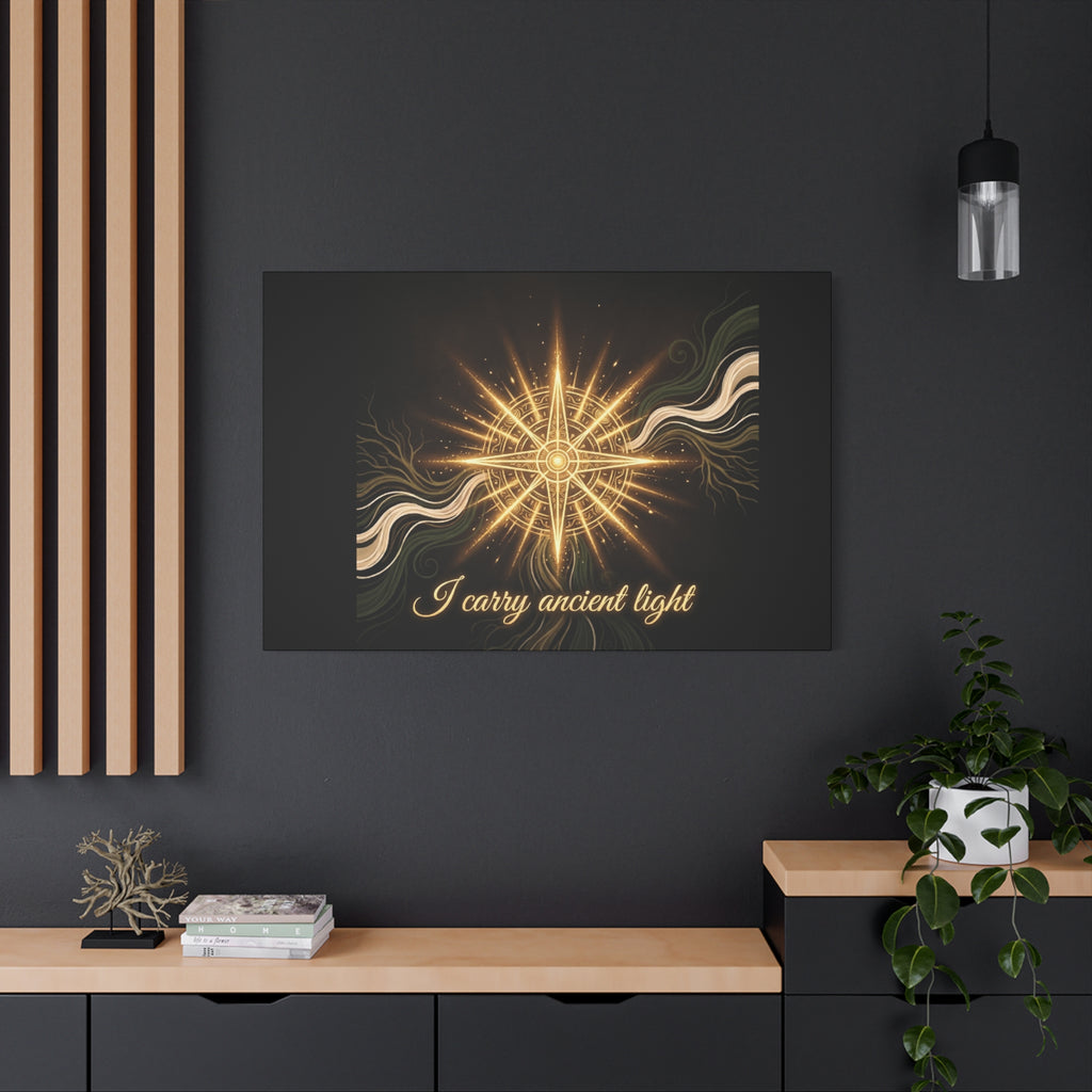 Matte canvas wall art titled "I Carry Ancient Light" featuring a golden compass design, by Printify for home decor.