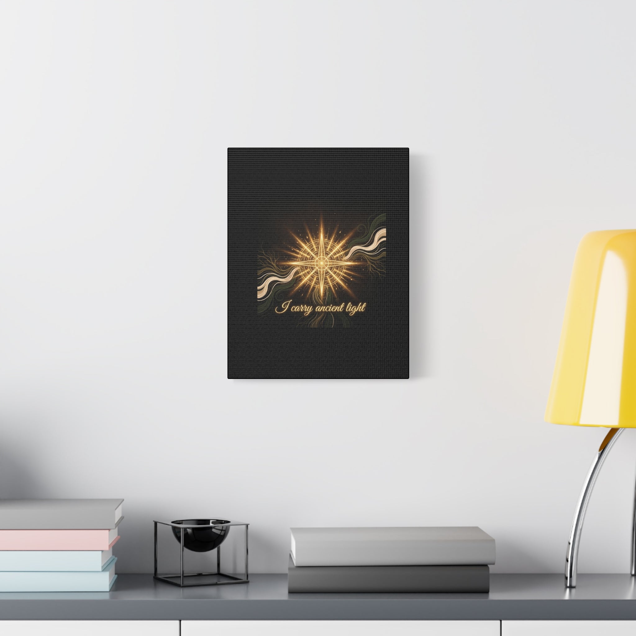 Matte canvas wall art titled "I Carry Ancient Light" featuring a golden compass design for wall decor.
