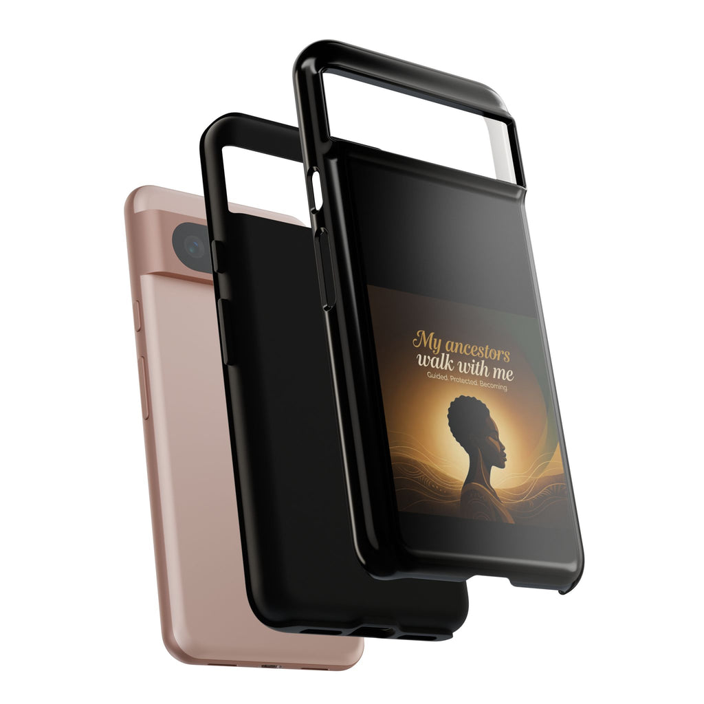 Black heritage phone case with inspirational design, protective cover for smartphone, featuring artwork honoring ancestors.