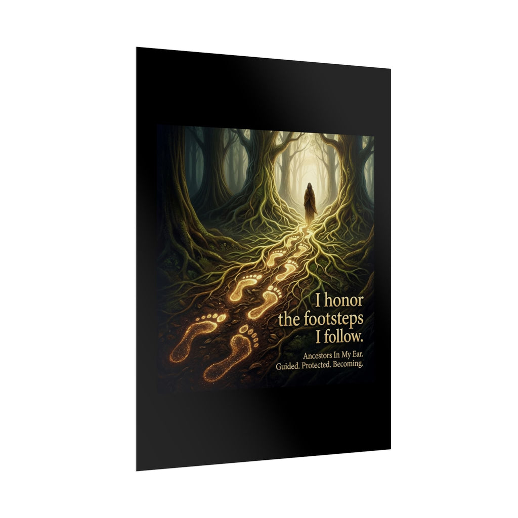 Rolled poster featuring "I Honor the Footsteps I Follow" ancestral forest art print by Printify, showcasing nature-inspired design.