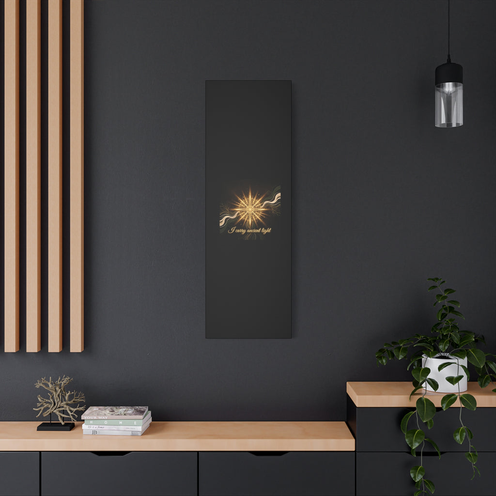 Matte canvas wall art titled "I Carry Ancient Light" featuring a golden compass design, ideal for home or office decor.