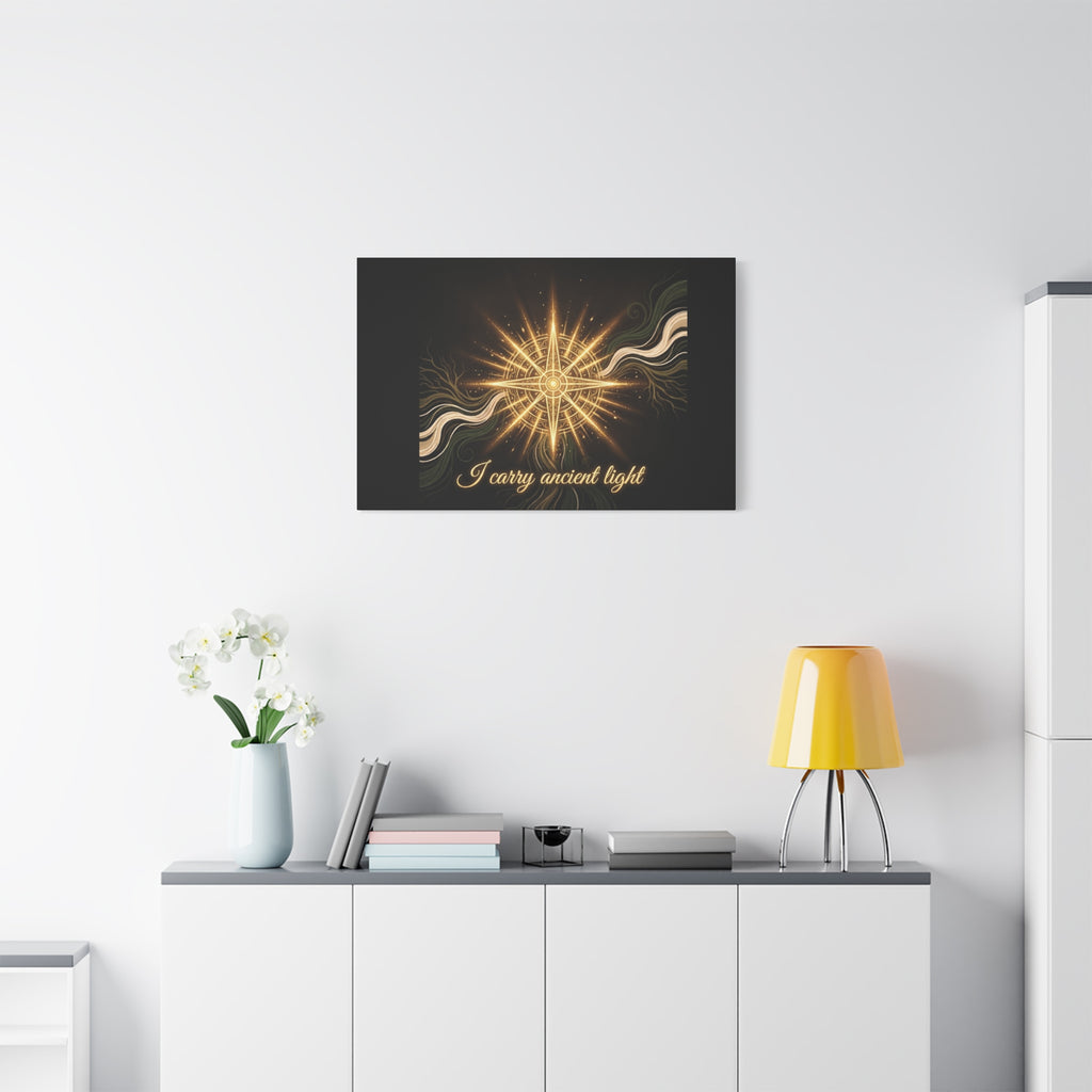 Matte canvas wall art titled "I Carry Ancient Light" featuring a golden compass design, ideal for wall decor.