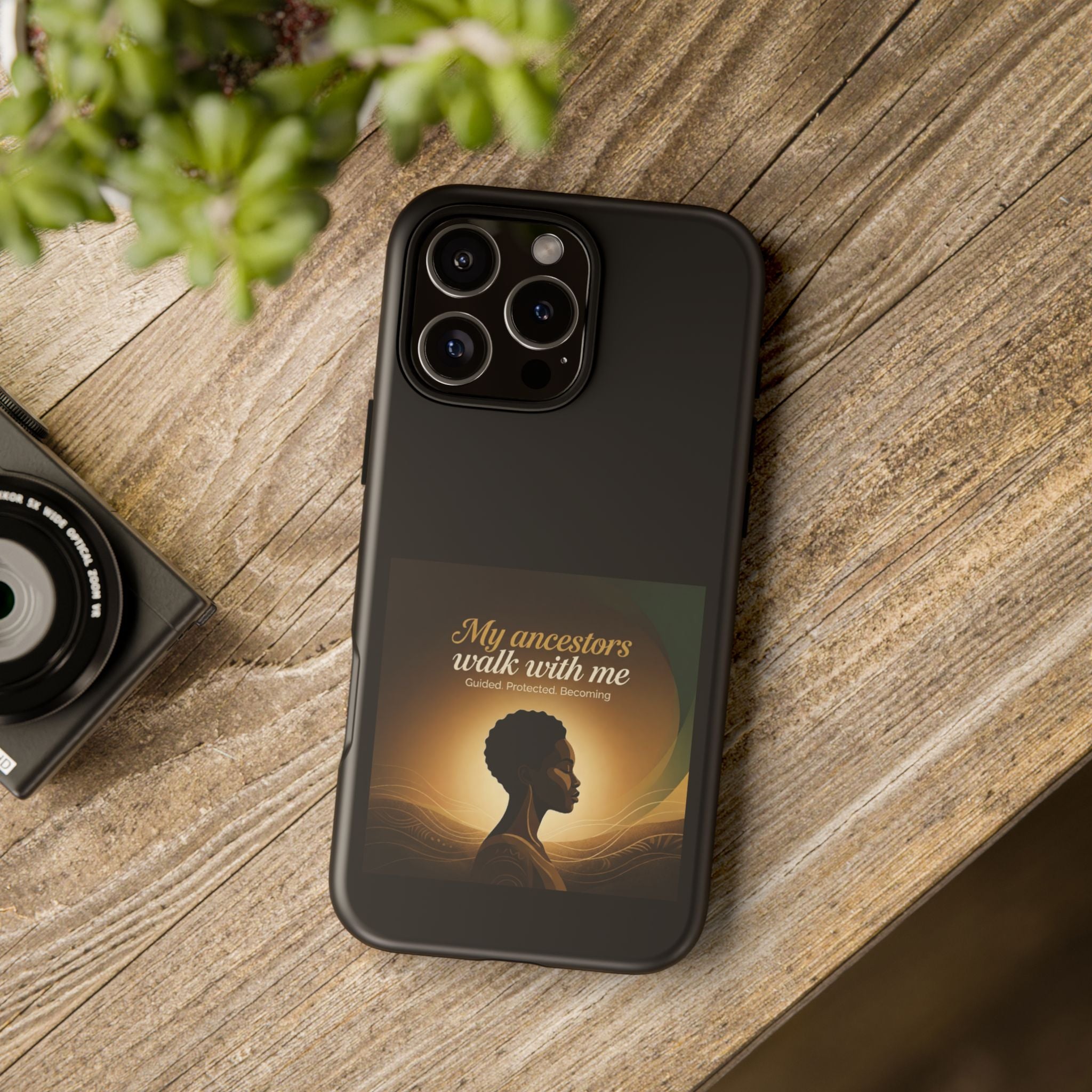 Black protective phone case with inspirational text honoring heritage, designed for smartphones by Printify.