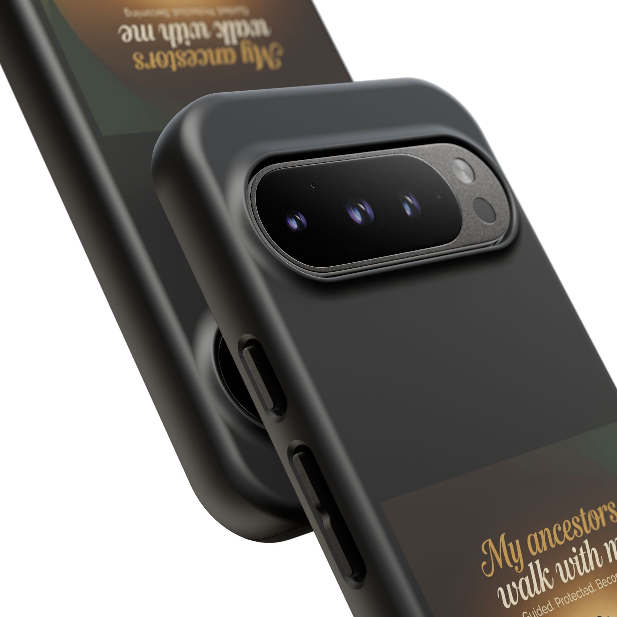Black heritage phone case with inspirational design, protective cover featuring the phrase "My Ancestors Walk With Me" for iPhone or Android.