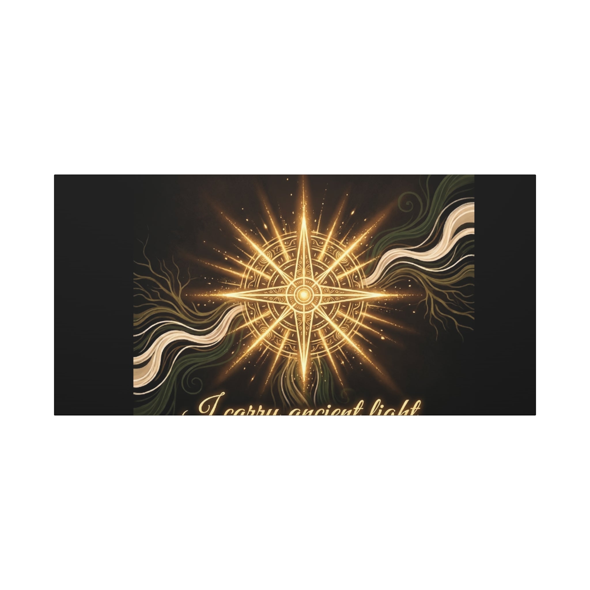 Matte canvas wall art titled "I Carry Ancient Light" featuring a golden compass design, ideal for home or office decor.