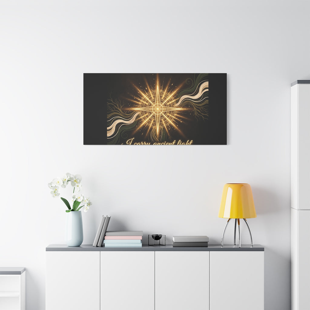 Matte canvas wall art featuring a golden compass design titled "I Carry Ancient Light" by Printify.