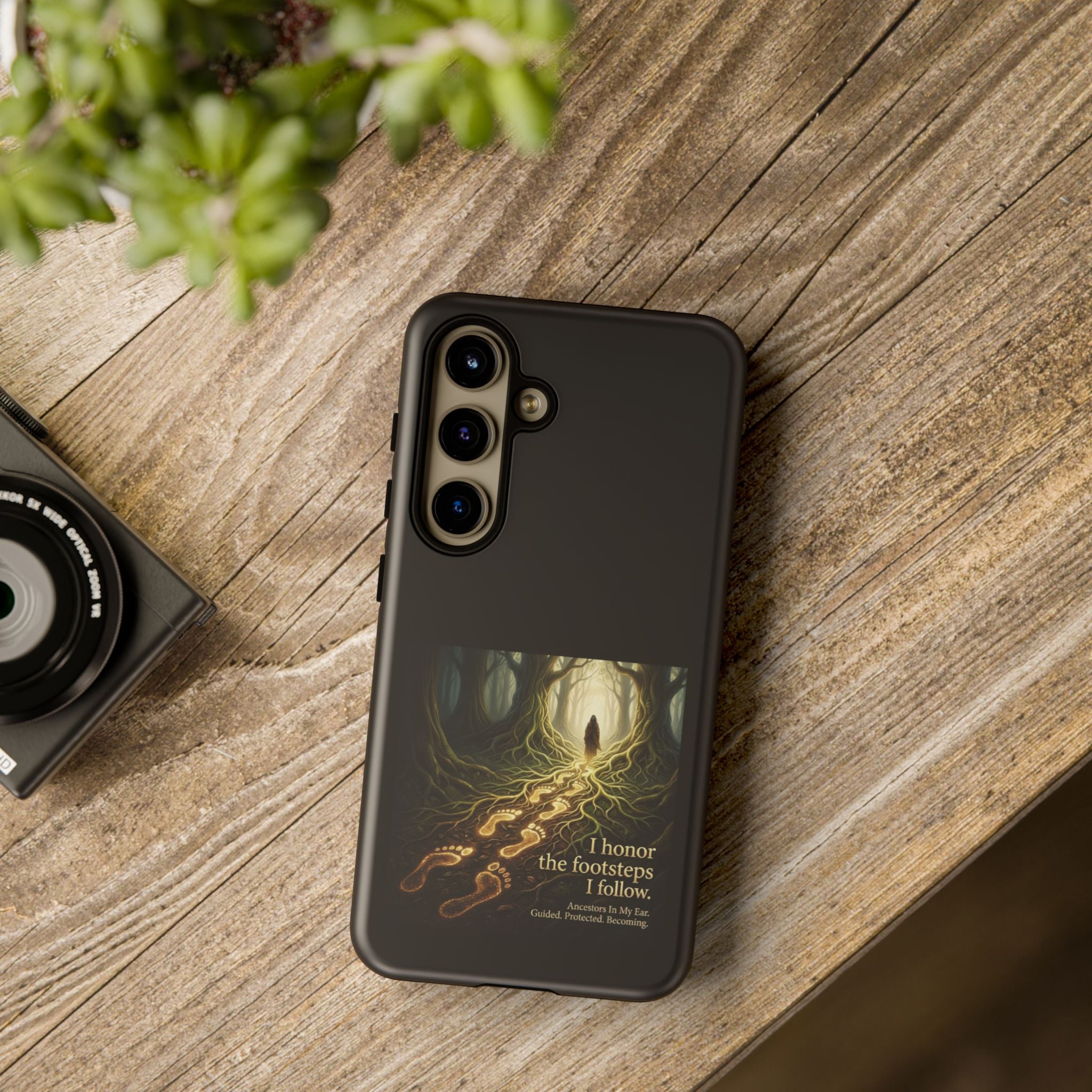 Printify phone case with forest trail design featuring the phrase "I Honor the Footsteps I Follow" for iPhone or Android.