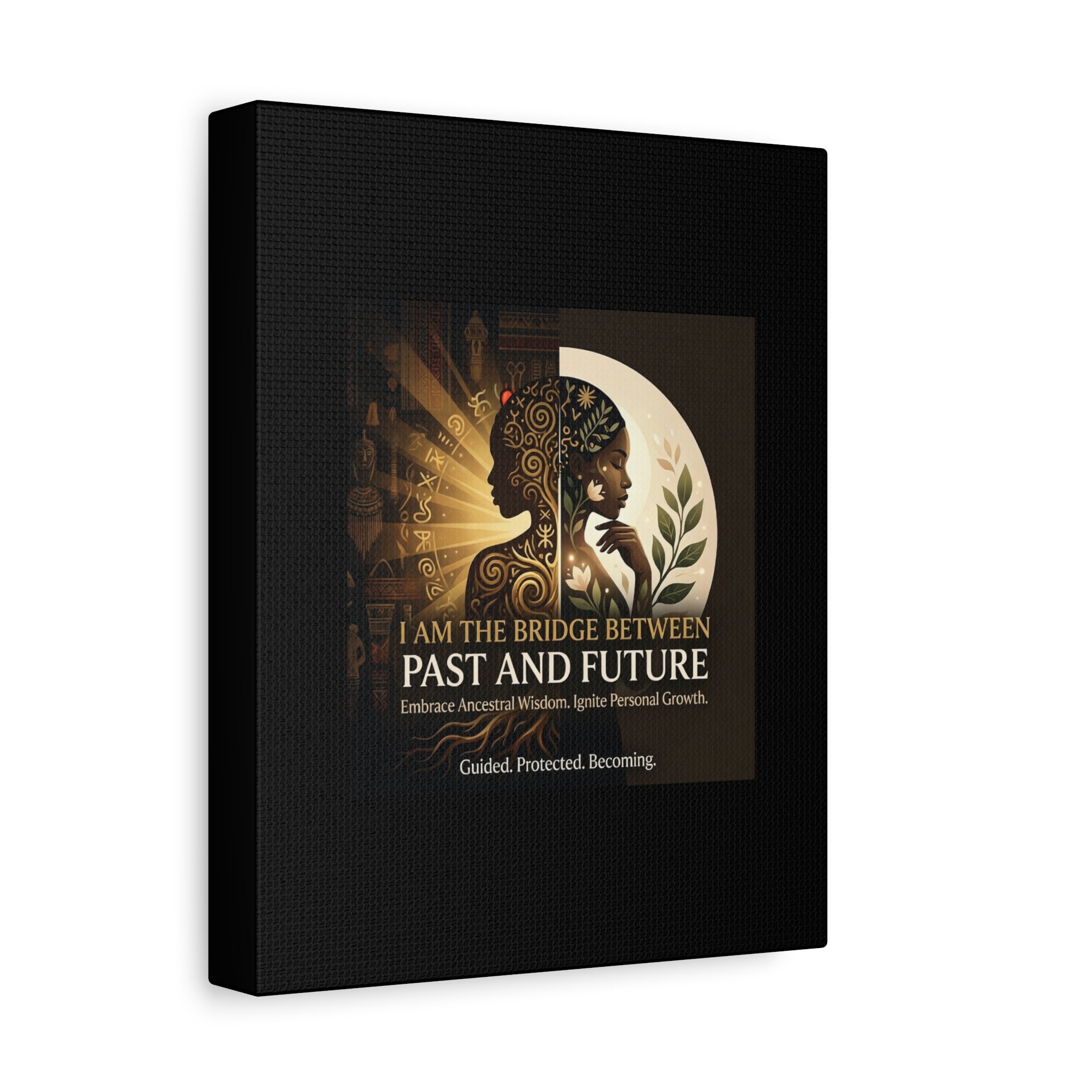 Canvas wall art titled "I Am the Bridge Between Past and Future" by Printify, featuring abstract imagery and vibrant colors.