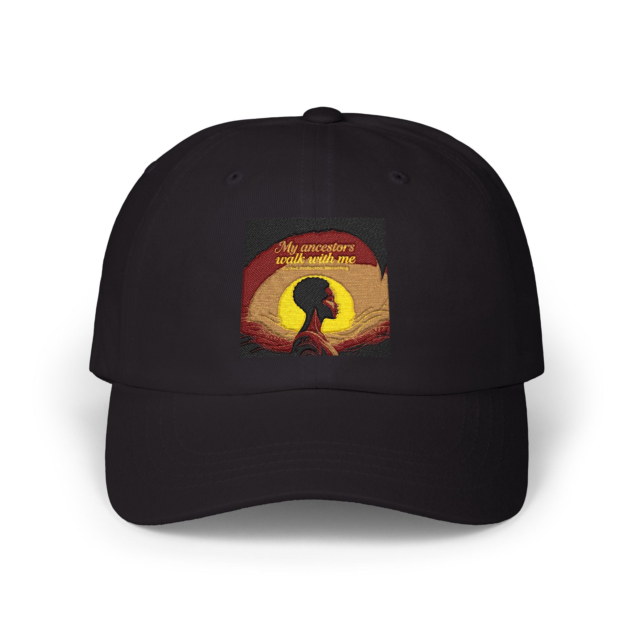 Black dad cap with silhouette sunburst and "Good Night, Good Luck" graphic print, casual hat by Printify