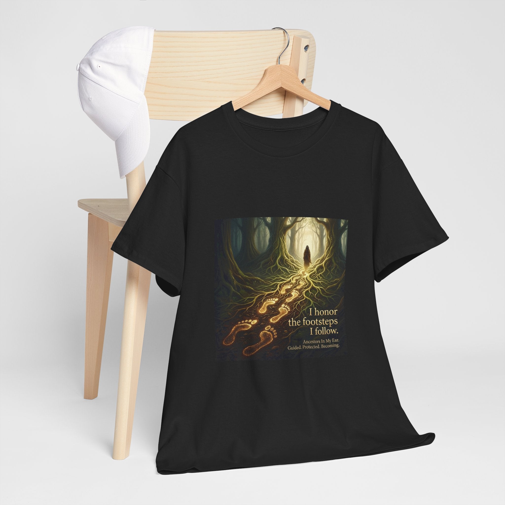 Forest green Honor the Footsteps I Follow T-Shirt by Printify featuring an inspirational graphic of a forest path on a casual tee.