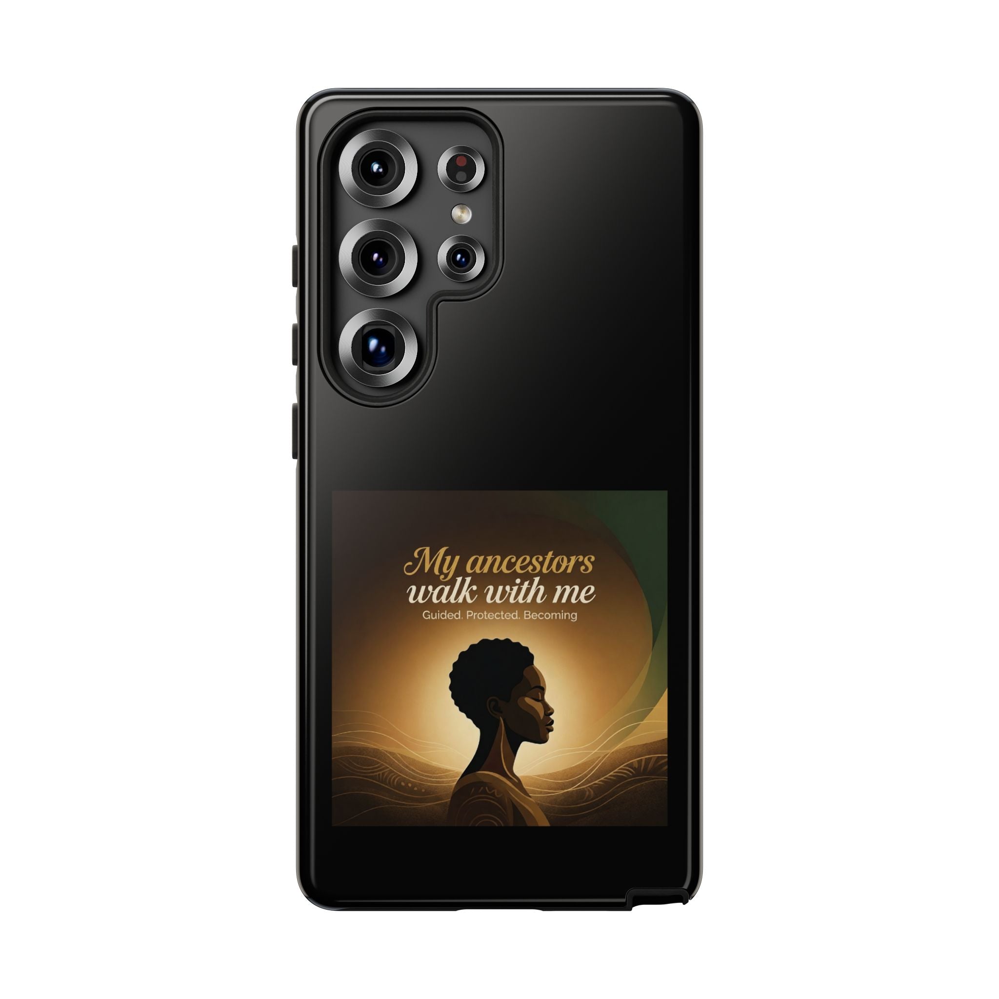 Black heritage phone case with inspirational quote design, protective cover for smartphones, by Printify.