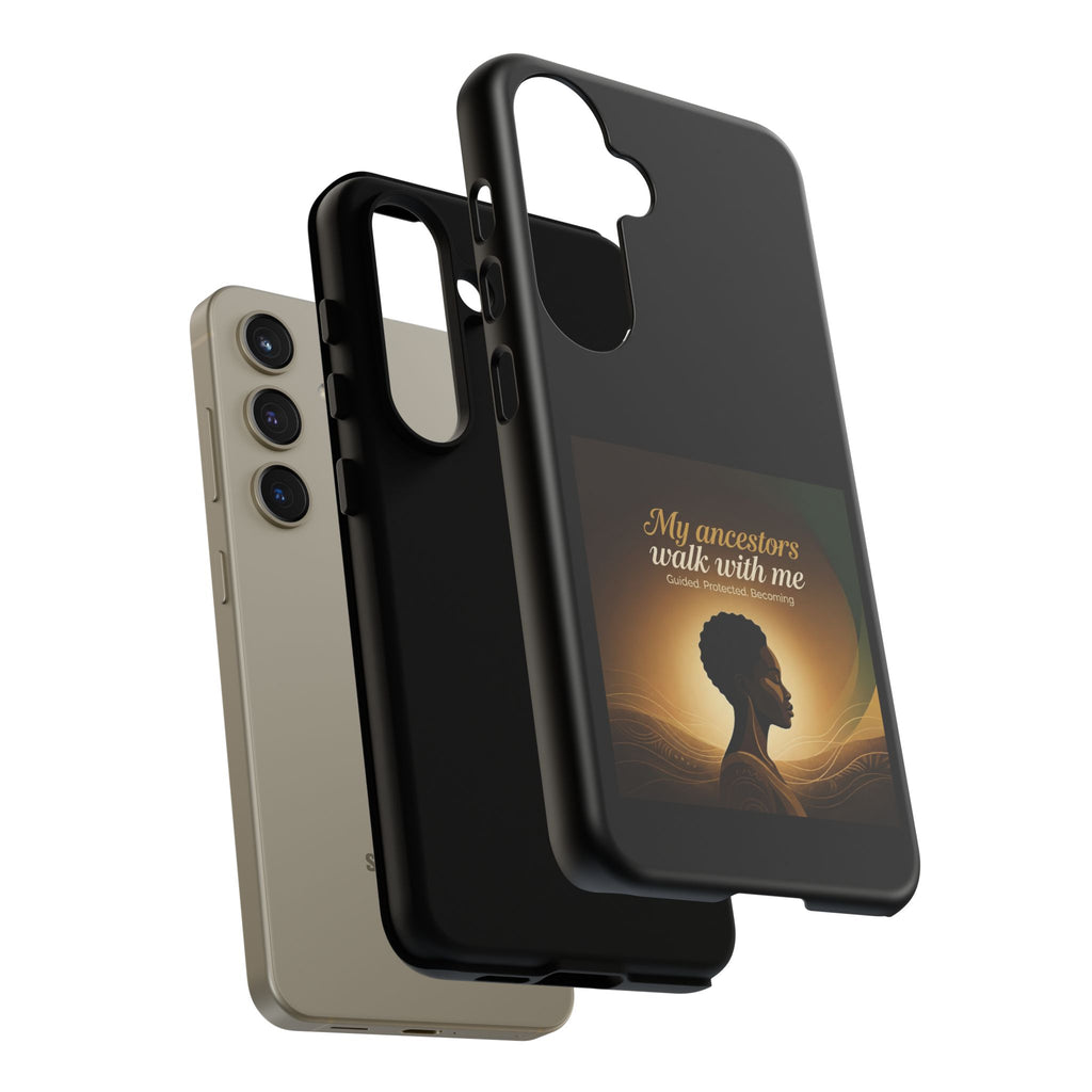 Black phone case with inspirational quote honoring heritage, designed for iPhone, from Printify's My Ancestors Walk With Me collection.