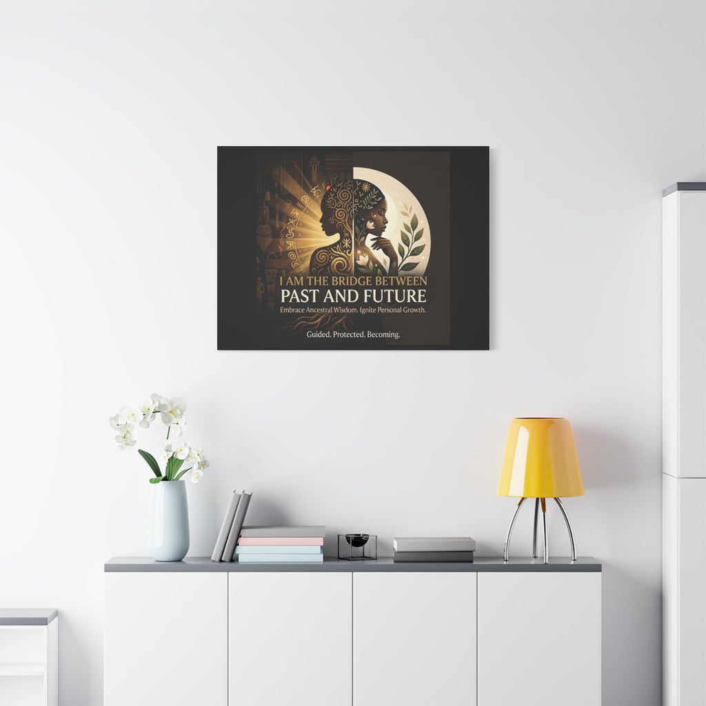 Canvas wall art titled "I Am the Bridge Between Past and Future" by Printify, featuring abstract imagery and vibrant colors.