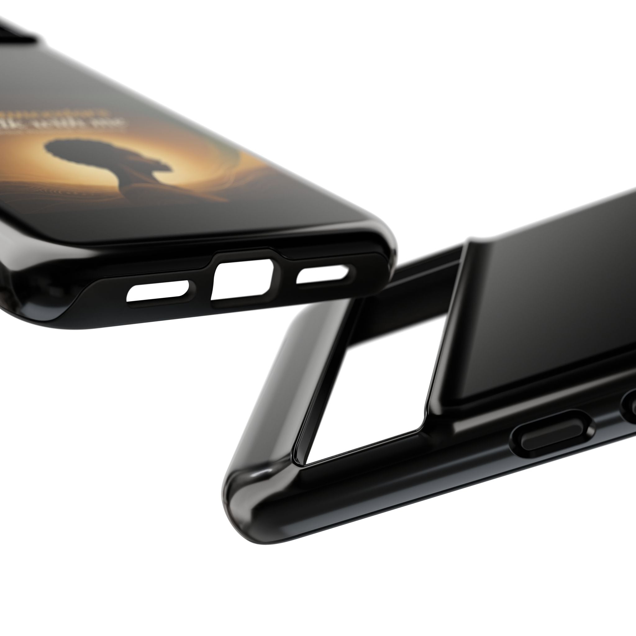 Black phone case with inspirational design honoring heritage, featuring the phrase "My Ancestors Walk With Me" on a protective cover.