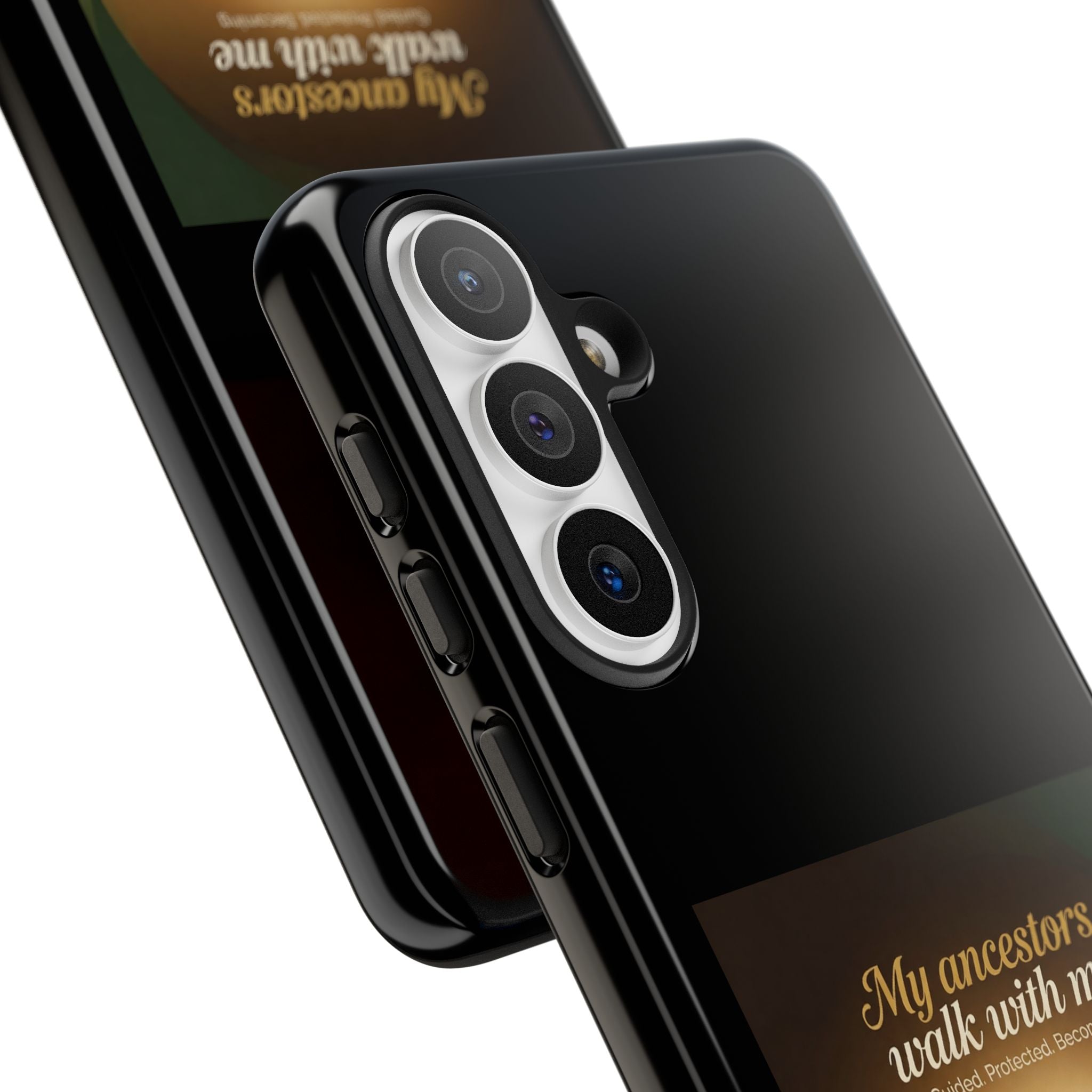Black phone case with inspirational design honoring ancestors and black heritage, made by Printify.