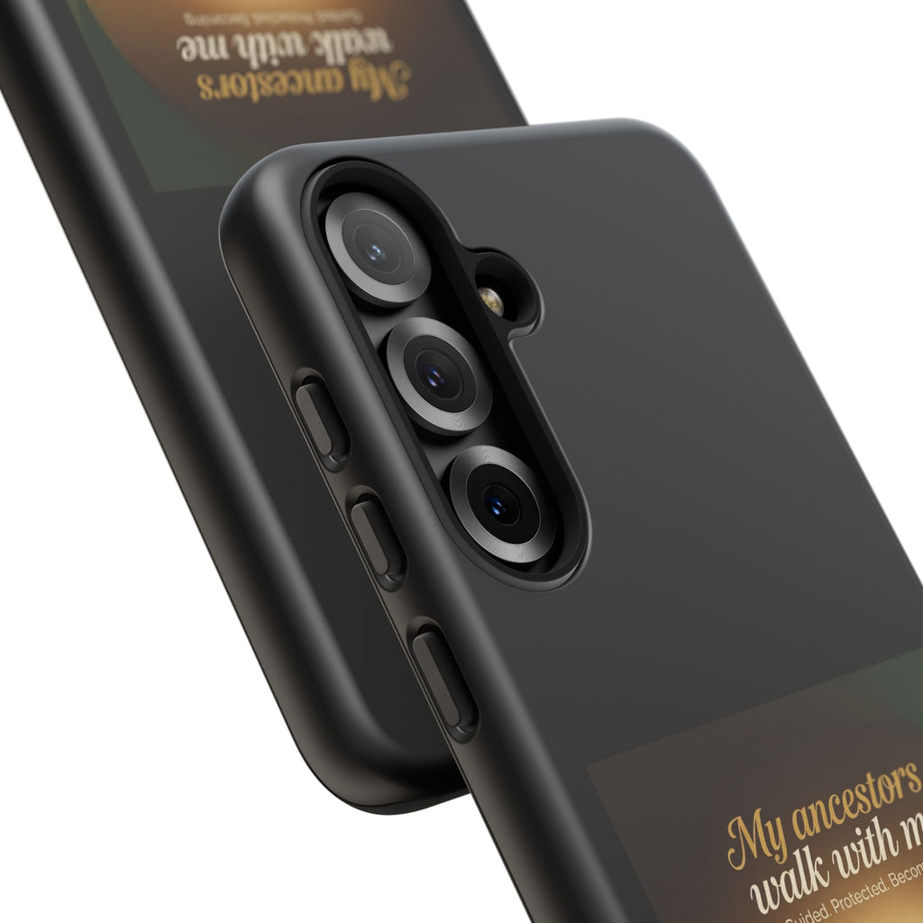 Black heritage phone case with inspirational quote, protective cover featuring artwork honoring ancestors for a smartphone.