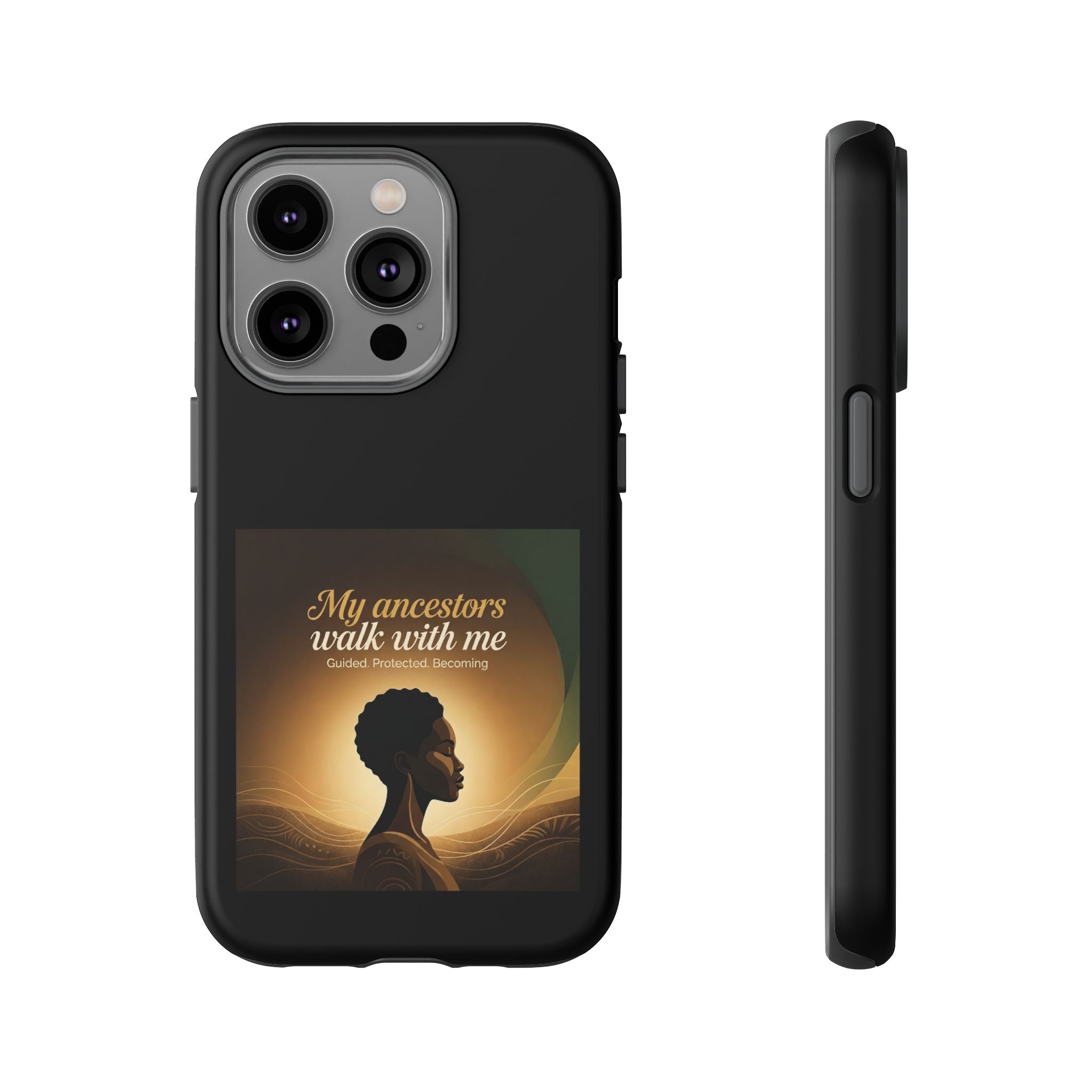 Black phone case with inspirational text and heritage design, protective cover for smartphones by Printify.