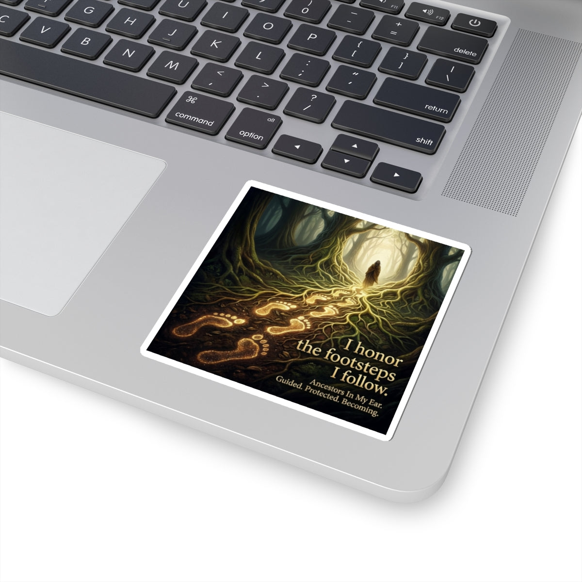 Kiss-cut sticker with floral design and the quote "I honor the footsteps I follow" from Printify, suitable for paper decor or crafts.