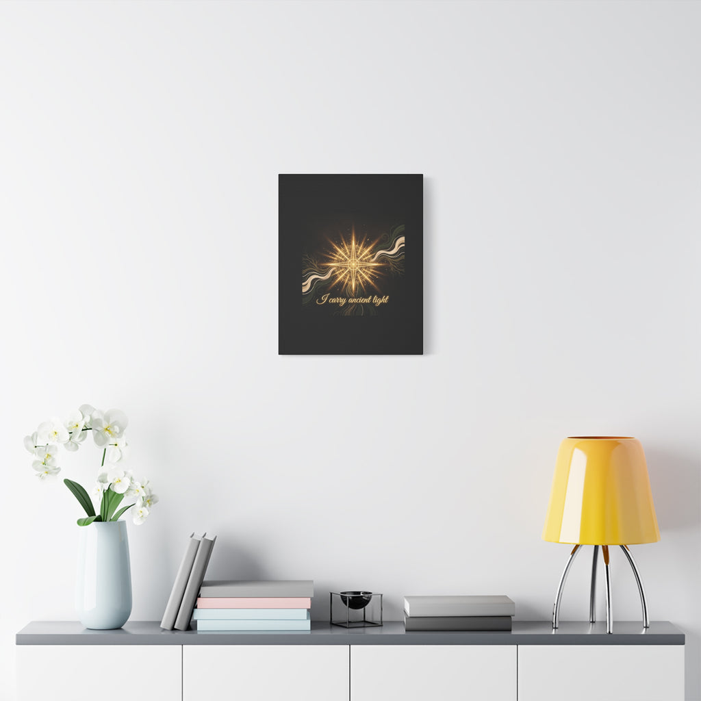 Matte canvas wall art titled "I Carry Ancient Light" featuring a golden compass design, by Printify.